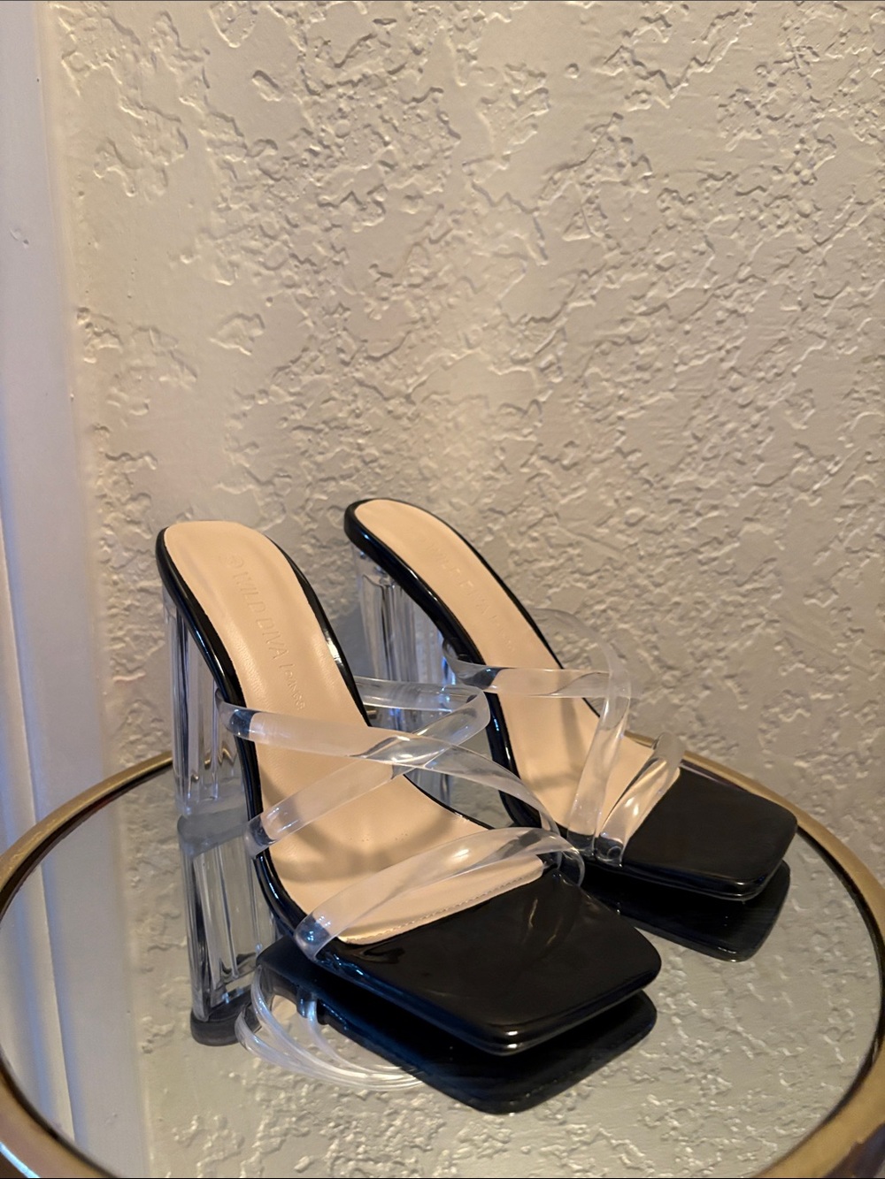 Wild Diva Black Square-Toe Clear-Strap Block Heel Mules